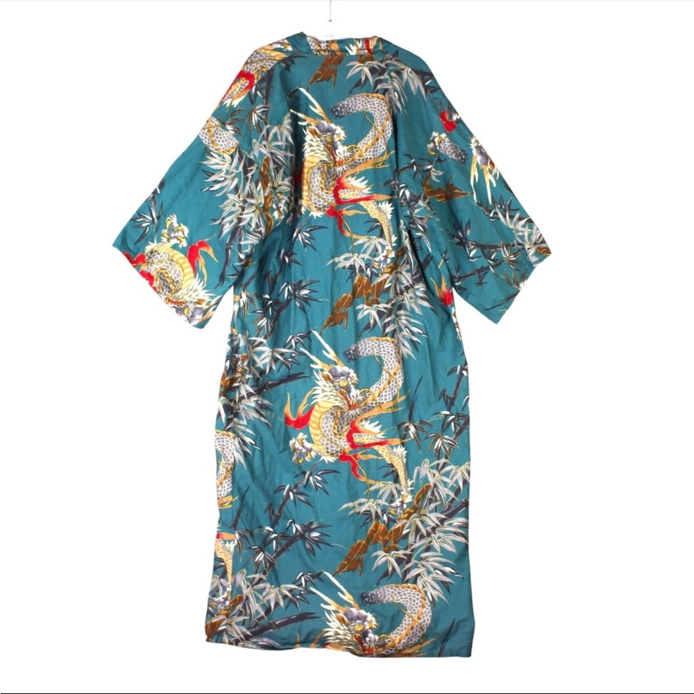 Vintage Japanese Kimono Dragon Tiger Paint 100% Cotton Teal Belted One Size - Picture 2 of 12